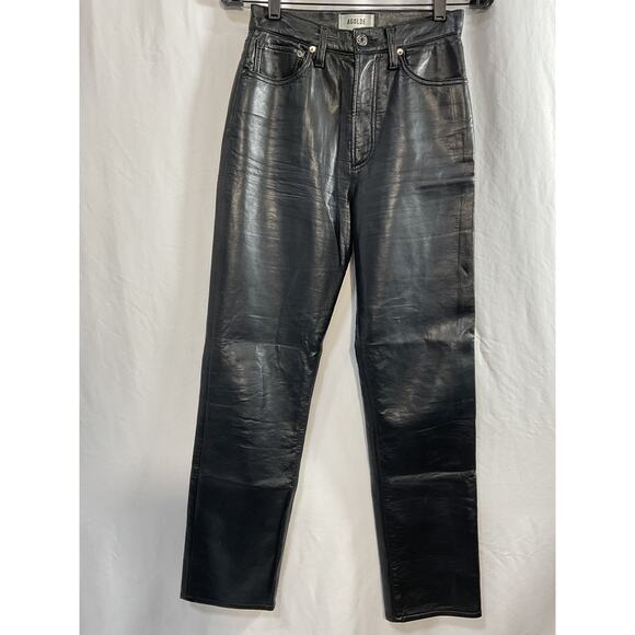 Agolde 90'S Black Leather Recycled Leather Fitted Pant Size 24 - Picture 2 of 5